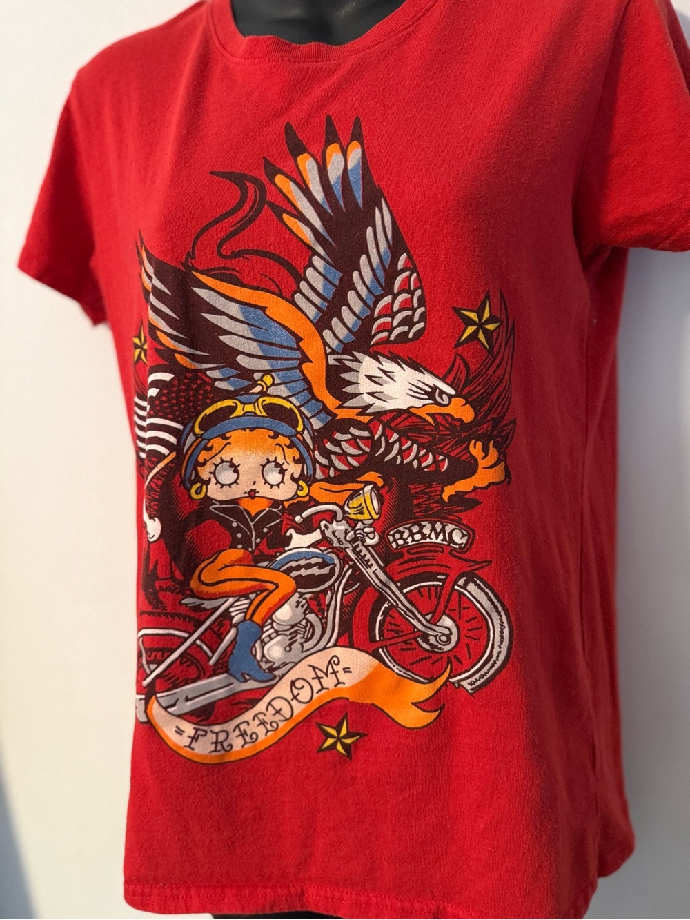 Betty Boop Red Short Sleeve Tee with Motorcycle, Eagle & Star Graphic
